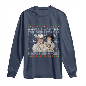 Funny Western Christmas Cowboy Humor Long Sleeve Shirt All I Want for Christmas Is Biscuits and Whores TS02 Navy Print Your Wear