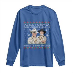 Funny Western Christmas Cowboy Humor Long Sleeve Shirt All I Want for Christmas Is Biscuits and Whores TS02 Royal Blue Print Your Wear
