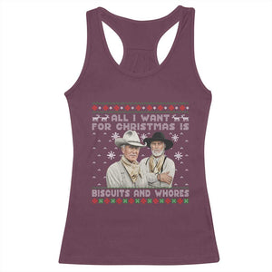 Funny Western Christmas Cowboy Humor Racerback Tank Top All I Want for Christmas Is Biscuits and Whores TS02 Maroon Print Your Wear