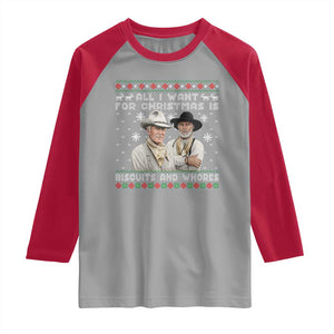 Funny Western Christmas Cowboy Humor Raglan Shirt All I Want for Christmas Is Biscuits and Whores TS02 Sport Gray Red Print Your Wear