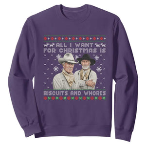 Funny Western Christmas Cowboy Humor Sweatshirt All I Want for Christmas Is Biscuits and Whores TS02 Purple Print Your Wear