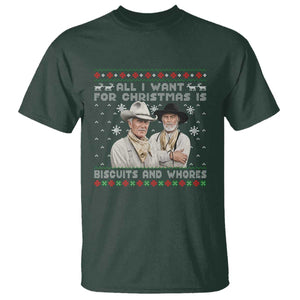 Funny Western Christmas Cowboy Humor T Shirt All I Want for Christmas Is Biscuits and Whores TS02 Dark Forest Green Print Your Wear
