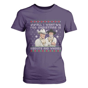 Funny Western Christmas Cowboy Humor T Shirt For Women All I Want for Christmas Is Biscuits and Whores TS02 Purple Print Your Wear
