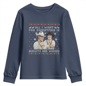 Funny Western Christmas Cowboy Humor Youth Sweatshirt All I Want for Christmas Is Biscuits and Whores TS02 Navy Print Your Wear