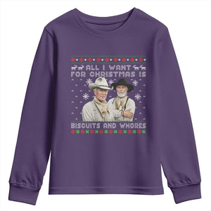 Funny Western Christmas Cowboy Humor Youth Sweatshirt All I Want for Christmas Is Biscuits and Whores TS02 Purple Print Your Wear