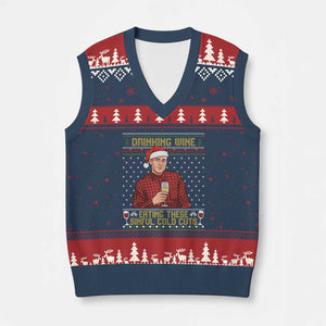 Funny Ed Gein Christmas Meme V-Neck Knit Sweater Vest Drinking Wine Eating This Sinful Cold Cuts Viral Scene Naughty Holiday TS02 Navy Red Print Your Wear