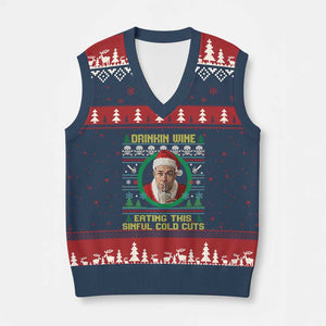 Funny Ed Gein Horror Christmas Meme V-Neck Knit Sweater Vest Drinking Wine Eating This Sinful Cold Cuts Viral Scene TS02 Navy Red Print Your Wear