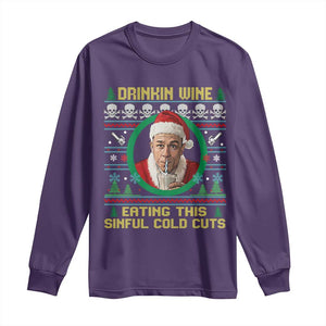 Funny Ed Gein Horror Christmas Meme Long Sleeve Shirt Drinking Wine Eating This Sinful Cold Cuts Viral Scene TS02 Purple Print Your Wear