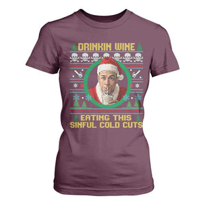 Funny Ed Gein Horror Christmas Meme T Shirt For Women Drinking Wine Eating This Sinful Cold Cuts Viral Scene - Print Your Wear