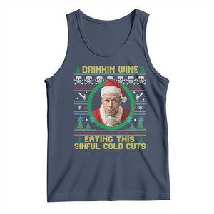 Funny Ed Gein Horror Christmas Meme Tank Top Drinking Wine Eating This Sinful Cold Cuts Viral Scene TS02 Navy Print Your Wear