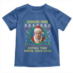 Funny Ed Gein Horror Christmas Meme Toddler T Shirt Drinking Wine Eating This Sinful Cold Cuts Viral Scene TS02 Royal Blue Print Your Wear