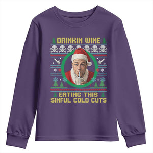 Funny Ed Gein Horror Christmas Meme Youth Sweatshirt Drinking Wine Eating This Sinful Cold Cuts Viral Scene TS02 Purple Print Your Wear