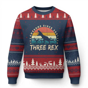 Three Rex 3rd Birthday Ugly Christmas Sweater 3 Years Old Dinosaur Bday Boy TS02 Navy Red Print Your Wear