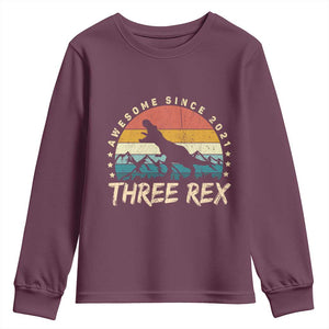 Three Rex 3rd Birthday Youth Sweatshirt 3 Years Old Dinosaur Bday Boy TS02 Maroon Print Your Wear