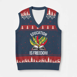 Education Is Freedom V-Neck Knit Sweater Vest Teaching Black History Month Books TS02 Navy Red Print Your Wear