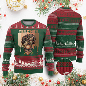 Black Teacher Magic Ugly Christmas Sweater Black History Month Afro Hair Melanin TS02 Red Green Print Your Wear
