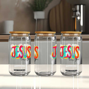 Jesus Loves You Colorful Brush Stroke Christian Glass Can Faith Inspirational Religious Gift for Believers TS02 Print Your Wear