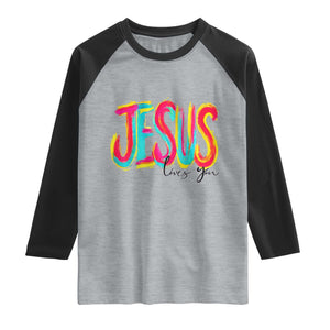 Jesus Loves You Colorful Brush Stroke Christian Raglan Shirt Faith Inspirational Religious Gift for Believers TS02 Heather Gray Black Print Your Wear