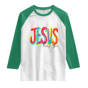 Jesus Loves You Colorful Brush Stroke Christian Raglan Shirt Faith Inspirational Religious Gift for Believers TS02 White Kelly Green Print Your Wear