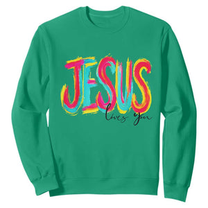 Jesus Loves You Colorful Brush Stroke Christian Sweatshirt Faith Inspirational Religious Gift for Believers TS02 Irish Green Print Your Wear