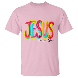 Jesus Loves You Colorful Brush Stroke Christian T Shirt Faith Inspirational Religious Gift for Believers TS02 Light Pink Print Your Wear