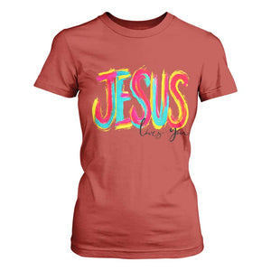 Jesus Loves You Colorful Brush Stroke Christian T Shirt For Women Faith Inspirational Religious Gift for Believers TS02 Red Print Your Wear