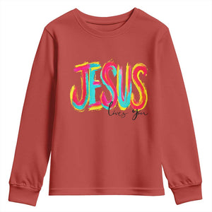 Jesus Loves You Colorful Brush Stroke Christian Youth Sweatshirt Faith Inspirational Religious Gift for Believers TS02 Red Print Your Wear