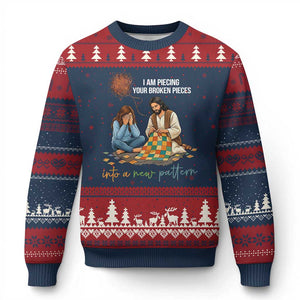 I Am Piecing Your Broken Pieces Christian Healing Ugly Christmas Sweater Jesus Comfort Faith Restoration Inspirational Gift TS02 Navy Red Print Your Wear