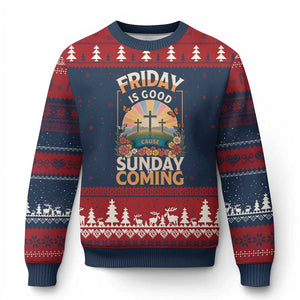 Friday Is Good Cause Sunday Is Coming Christian Easter Ugly Christmas Sweater Cross Sunrise Floral Faith Inspirational Gift TS02 Navy Red Print Your Wear