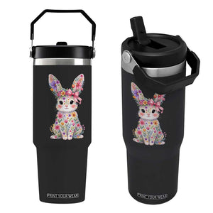 Cute Floral Easter Bunny Graphic Flip Straw Tumbler Adorable Spring Rabbit with Flowers Pastel Aesthetic Gift TS02 One Size: 30 oz Black Print Your Wear
