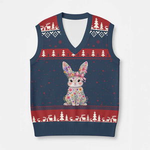 Cute Floral Easter Bunny Graphic V-Neck Knit Sweater Vest Adorable Spring Rabbit with Flowers Pastel Aesthetic Gift TS02 Navy Red Print Your Wear