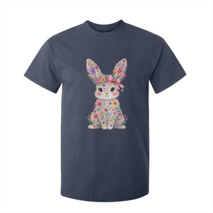 Cute Floral Easter Bunny Graphic T Shirt For Kid Adorable Spring Rabbit with Flowers Pastel Aesthetic Gift TS02 Navy Print Your Wear