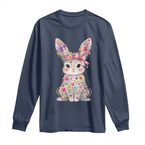 Cute Floral Easter Bunny Graphic Long Sleeve Shirt Adorable Spring Rabbit with Flowers Pastel Aesthetic Gift TS02 Navy Print Your Wear