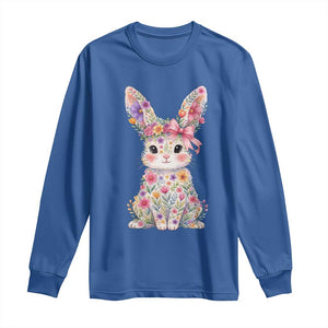 Cute Floral Easter Bunny Graphic Long Sleeve Shirt Adorable Spring Rabbit with Flowers Pastel Aesthetic Gift TS02 Royal Blue Print Your Wear