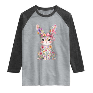 Cute Floral Easter Bunny Graphic Raglan Shirt Adorable Spring Rabbit with Flowers Pastel Aesthetic Gift TS02 Heather Gray Heather Charcoal Print Your Wear