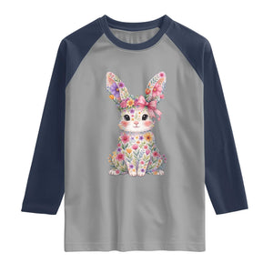 Cute Floral Easter Bunny Graphic Raglan Shirt Adorable Spring Rabbit with Flowers Pastel Aesthetic Gift TS02 Sport Gray Navy Print Your Wear