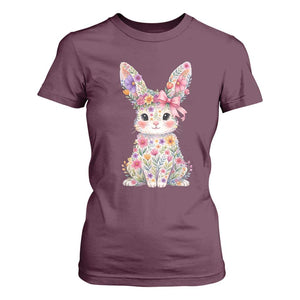 Cute Floral Easter Bunny Graphic T Shirt For Women Adorable Spring Rabbit with Flowers Pastel Aesthetic Gift TS02 Maroon Print Your Wear