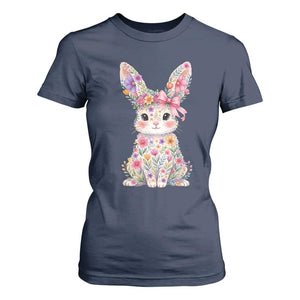 Cute Floral Easter Bunny Graphic T Shirt For Women Adorable Spring Rabbit with Flowers Pastel Aesthetic Gift TS02 Navy Print Your Wear