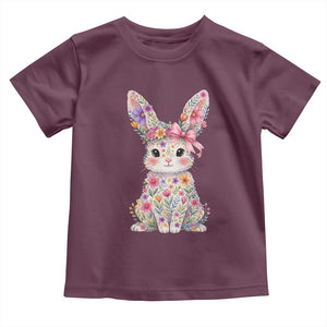 Cute Floral Easter Bunny Graphic Toddler T Shirt Adorable Spring Rabbit with Flowers Pastel Aesthetic Gift TS02 Maroon Print Your Wear