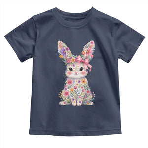 Cute Floral Easter Bunny Graphic Toddler T Shirt Adorable Spring Rabbit with Flowers Pastel Aesthetic Gift TS02 Navy Print Your Wear