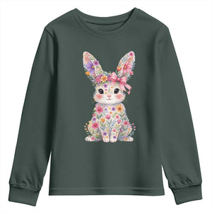 Cute Floral Easter Bunny Graphic Youth Sweatshirt Adorable Spring Rabbit with Flowers Pastel Aesthetic Gift TS02 Dark Forest Green Print Your Wear