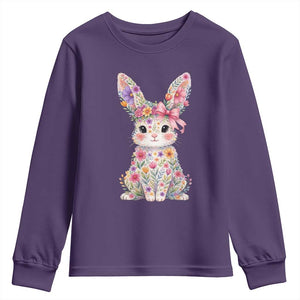 Cute Floral Easter Bunny Graphic Youth Sweatshirt Adorable Spring Rabbit with Flowers Pastel Aesthetic Gift TS02 Purple Print Your Wear