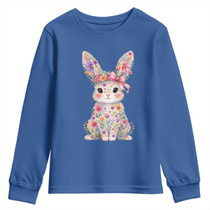 Cute Floral Easter Bunny Graphic Youth Sweatshirt Adorable Spring Rabbit with Flowers Pastel Aesthetic Gift TS02 Royal Blue Print Your Wear