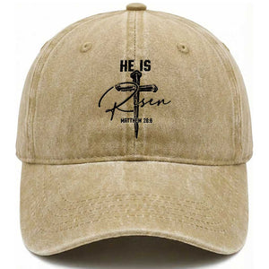 He Is Risen Matthew 28:6 Christian Easter Washed Cotton Baseball Cap Nail Cross Faith Religious Inspirational Gift TS02 Print Your Wear