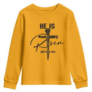 He Is Risen Matthew 28:6 Christian Easter Youth Sweatshirt Nail Cross Faith Religious Inspirational Gift TS02 Gold Print Your Wear