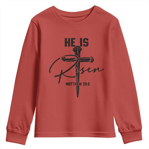 He Is Risen Matthew 28:6 Christian Easter Youth Sweatshirt Nail Cross Faith Religious Inspirational Gift TS02 Red Print Your Wear