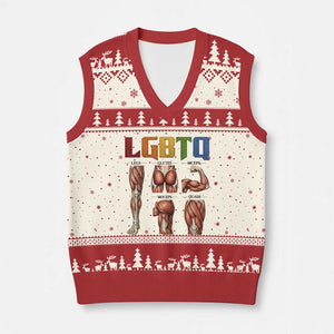 LGBTQ Acronym Funny Fitness Gym Rainbow Muscle Graphic V-Neck Knit Sweater Vest Legs Glutes Biceps Triceps Quads TS02 Beige Red Print Your Wear