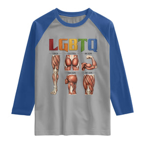 LGBTQ Acronym Funny Fitness Gym Rainbow Muscle Graphic Raglan Shirt Legs Glutes Biceps Triceps Quads TS02 Sport Gray Royal Print Your Wear