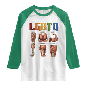 LGBTQ Acronym Funny Fitness Gym Rainbow Muscle Graphic Raglan Shirt Legs Glutes Biceps Triceps Quads TS02 White Kelly Green Print Your Wear