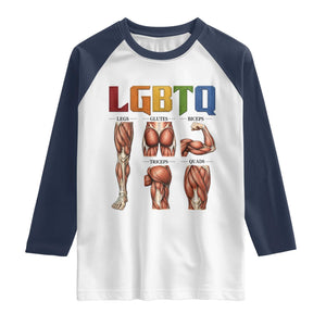 LGBTQ Acronym Funny Fitness Gym Rainbow Muscle Graphic Raglan Shirt Legs Glutes Biceps Triceps Quads TS02 White Navy Print Your Wear